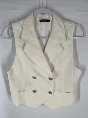 Vintage 90s Ivory Linen Blend Double Breasted Vest Gold Buttons M thumbnail 2