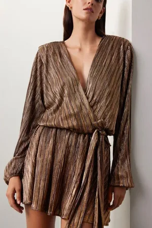 Ramy Brook Elise Metallic Wrap Mini Dress Gold Bronze NWT L thumbnail 1