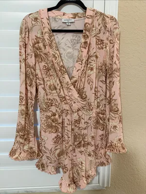 Agua Bendita Pink and Brown Floral Wrap Romper thumbnail 1