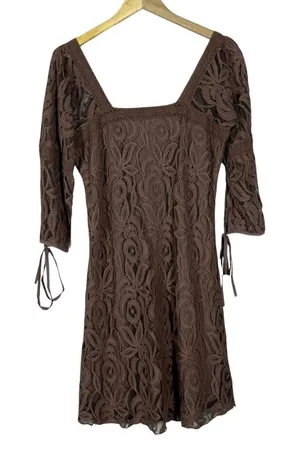 Solitaire Ravi Khosla Floral Lace Square Neck Mini Dress Brown Boho Size M thumbnail 1