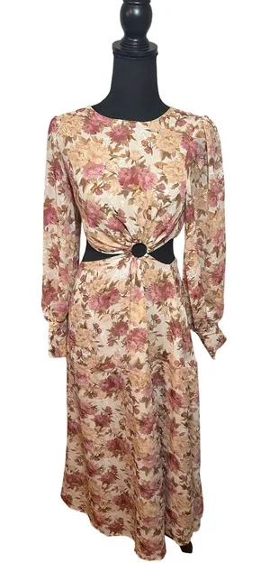 En Saison Floral Jacquard Cut Out Midi Dress Pink Tan Long Balloon Sleeve Resort thumbnail 1