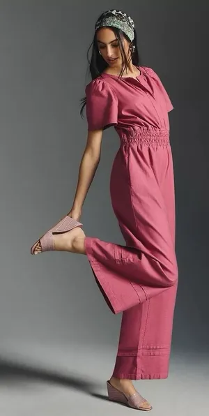 Anthropologie Somerset Jumpsuit Small Pink Full Length Short Sleeve Wide‎ Leg thumbnail 1