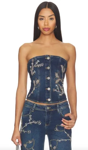 OW Collection Nova Embellished Denim Matching Set Blue Womens Size 36 Small thumbnail 1