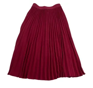 Burgundy Red Pleated Midi Skirt Elastic Waist Cotton Blend Small‎ thumbnail 1