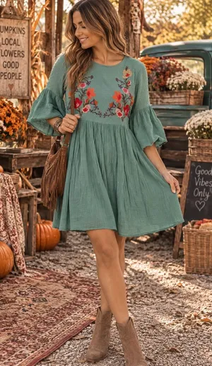 Umgee Embroidered Boho Mini Dress Sage Green Bell Sleeve Babydoll S thumbnail 1