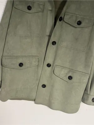 Zara Jacket Women XS Olive Green Faux Suede Utility Overshirt Button Front Soft thumbnail 5