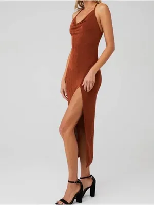 Cowl-Neck Midi Slip Dress in Rust Brown thumbnail 2