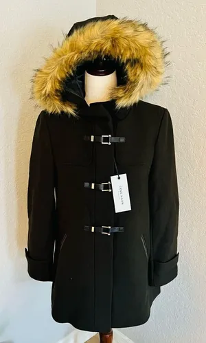 Cole Haan Wool Blend Faux Fur Trim Hooded Coat, Brown, Size 4, NWT‎ thumbnail 1