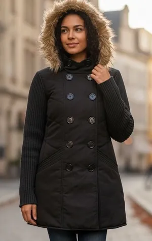 Black Puffer Coat Women’s Medium Faux Fur Hood Button Front thumbnail 1