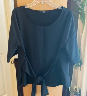 NWOT Tua black dress top blouse shirt with belt tie large thumbnail 1