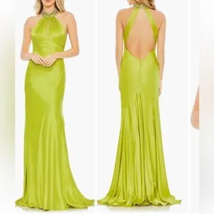 IEENA FOR MAC DUGGAL 7599567 Beaded Halter Neck Satin Mermaid formal Gown Green thumbnail 3