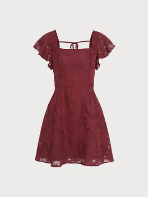 Rihoas Wine Red Square Neck Jacquard Mini Dress thumbnail 6