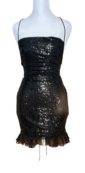 Lucy In The Sky Sequin Ruffle Dress Alma Black Small Mini‎ Bodycon HOCO Party thumbnail 1
