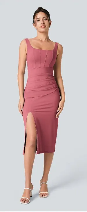 Halara SoftlyZero Airy Square Neck Corset Ruched Bodycon Midi Dress Pink XL thumbnail 1