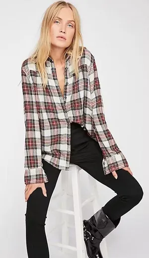 Free People Peplum Flannel Button Up Blouse Holiday Playful Boho Size Medium thumbnail 1