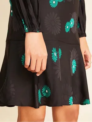 Ann Taylor Green Floral Jacquard Black Flounce Shift Dress with Pockets Size 8 thumbnail 4