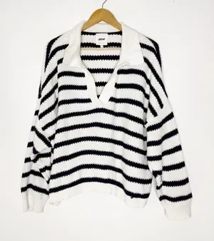 Aerie Ivy Polo Sweater XL Navy White Striped Cotton Knit Oversized thumbnail 1