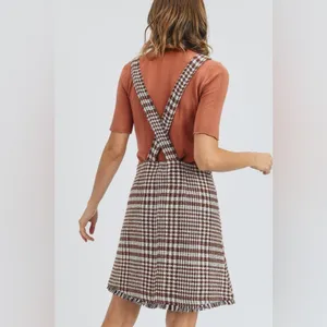 NWT Tea N Rose Brown and White Overall Houndstooth Pinafore Dress Raw Hem thumbnail 2