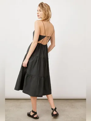 NWT RAILS Leni Dress S Black Cotton Poplin Tiered Midi Open Back Tie Back LBD thumbnail 5