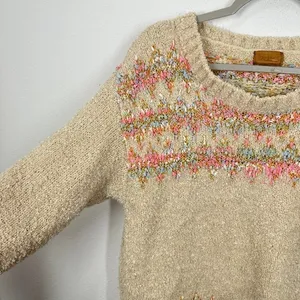 POL Fuzzy Cream and Pastel Striped Oversized Sweater Boho Cozy Size Small thumbnail 5