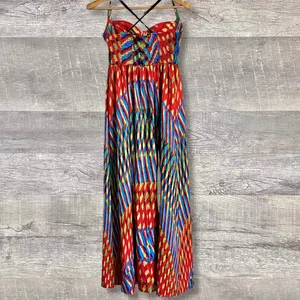 Boho Vibrant Print Striped Long Maxi Dress Womens M Multicolor Strappy Back thumbnail 4