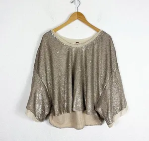Free People Champagne Dreams Tee Small Neutral Gold Sequin Oversized Cropped thumbnail 3