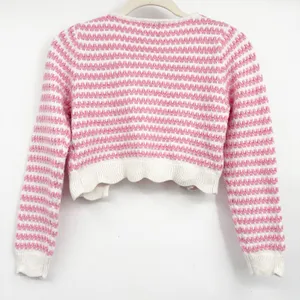 YLLW Womens Pink White Striped Textured Coquette Cropped Cardigan Sweater XS thumbnail 5