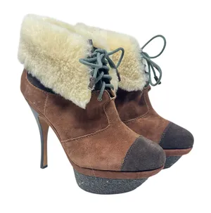 L.A.M.B Pier Booties Suede Shearling Platform‎ Boots High Heels Brown Size US 8 thumbnail 1