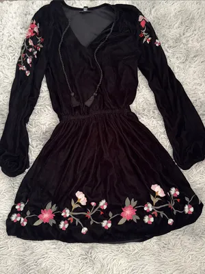 a.n.a Black Velvet Long Sleeve Dress with Pink Floral Embroidery (XS) thumbnail 1