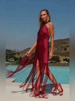 Show Me Your Mumu Jasmine Fringe Maxi Dress size Large L Cranberry Luxe Satin thumbnail 6