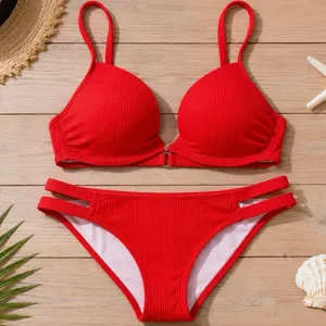 Shade & shore Red Ribbed Cutout Bikini Swimsuit Women’s Medium 32B thumbnail 1