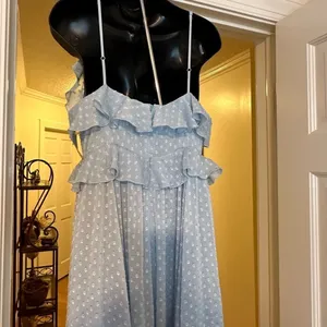 CHELSEA 28 Light Blue Ruffle Neck Spaghetti Strap MIDI Dress size Medium EUC thumbnail 4