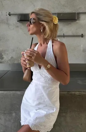 Zara White Lace Halter Dress mini dress lace Bohemian Summer Casual vacation thumbnail 3