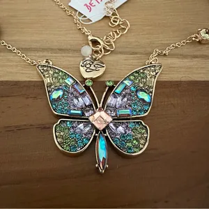 NEW Betsey Johnson Pave Green Turquoise Lavender Crystal Gold Butterfly Pendant thumbnail 2