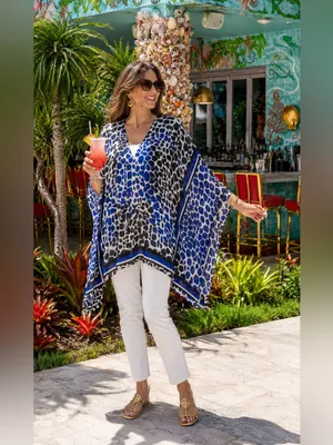 Chico's Travelers Blue Black Animal Print Sheer Kaftan Poncho Top Size 0 S thumbnail 2