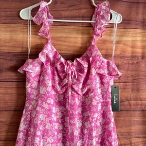 Lulus Pink Floral Ruffle Mini Dress Sleeveless Tie Front Chiffon Size M NEW thumbnail 3