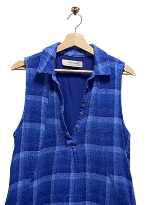 Anthropologie Isabella Sinclair Tillie Linen Plaid Dress Blue Size M Cottagecore thumbnail 3