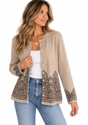 100% Cashmere Charter Club Lace Print Cardigan Sweater XL Tan Button Front Knit thumbnail 1