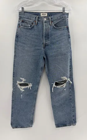 AGOLDE 90's Crop Mid-Rise light blue distress Loose Straight Jean denim size 28 thumbnail 1