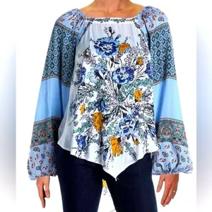 Free People Floral Print Women's Top - Blue and White Medium thumbnail 1