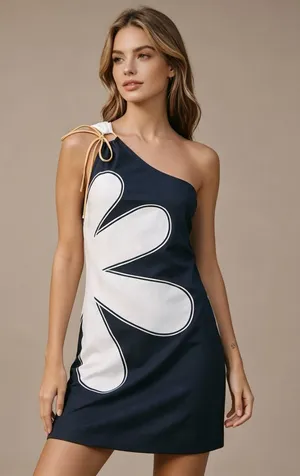 NWOT Farm Rio x Anthropologie One-Shoulder Linen Blend Flower Mini Dress Size M thumbnail 1