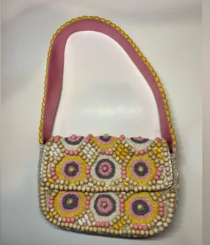 Handcrafted in India Colorful Pink Pastel Wooden Beaded Shoulder Bag Purse thumbnail 5