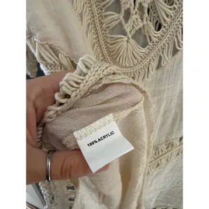 Boho Crochet Macrame Handkerchief Hem Tunic Top Cream‎ V-Neck Festival Gauze L thumbnail 7