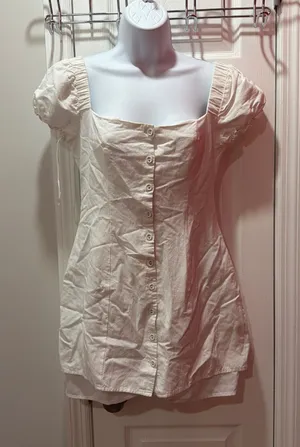 Princess Polly Mini Dress Womens White Cotton Linen Puff Sleeve Button Up Size 2 thumbnail 1