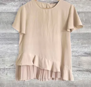 ZARA Short Flutter Sleeve Blouse Womens M Pleated Ruffle Hem Beige Chiffon Flowy thumbnail 1