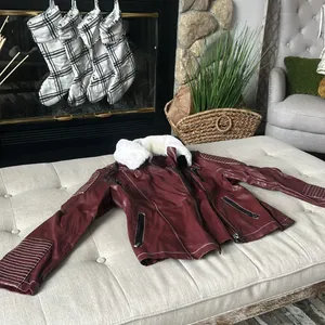 Beulah Style Maroon Vegan Leather‎ Jacket W/ Fur Trim Size Medium thumbnail 4