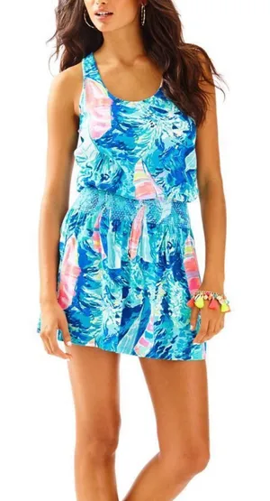 Lilly Pulitzer Tideline Tank Dress "Hey Bay Bay" sailboat print smocked waist thumbnail 1