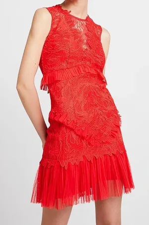 Bardot Red Sleeveless Lace Tiered Mini cocktail Dress 6/S thumbnail 1