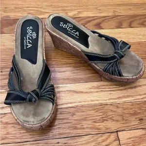 Sbicca of California Black Knotted Cork Wedge Sandals Size 8 thumbnail 1