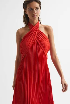 Reiss NWT ROYA HALTER NECK PLEAT Red MIDI DRESS thumbnail 13
